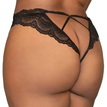 Dreamgirl Lace Tanga Open-Crotch Panty and Elastic Open Back Detail Black 3X Hanging-0